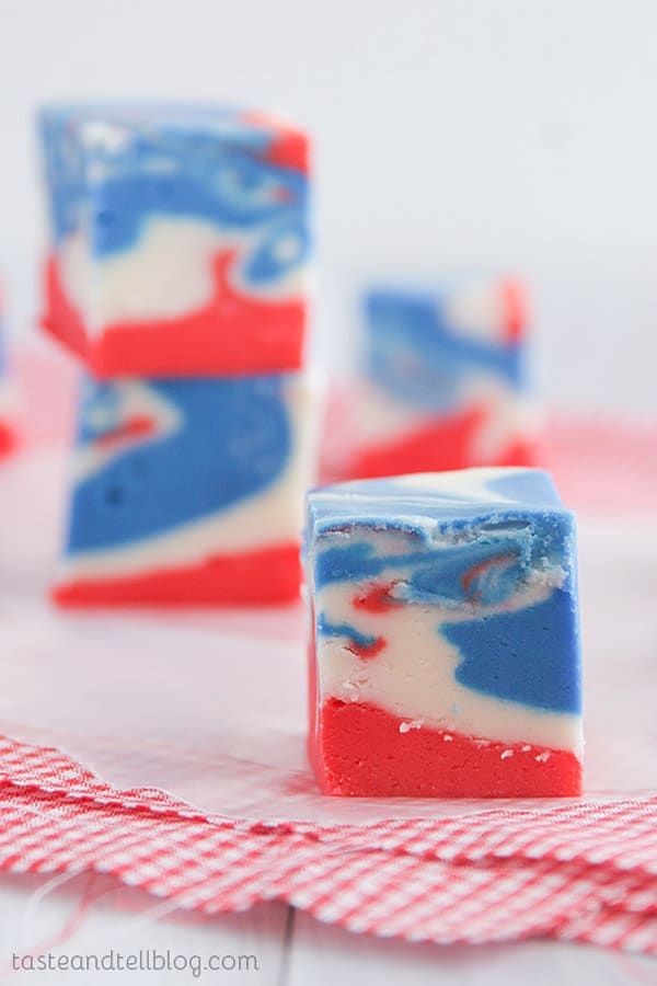 Vanilla fudge comes together in a festive red, white and blue design – this 4th of July Tie Dyed Fudge is perfect for the 4th of July.