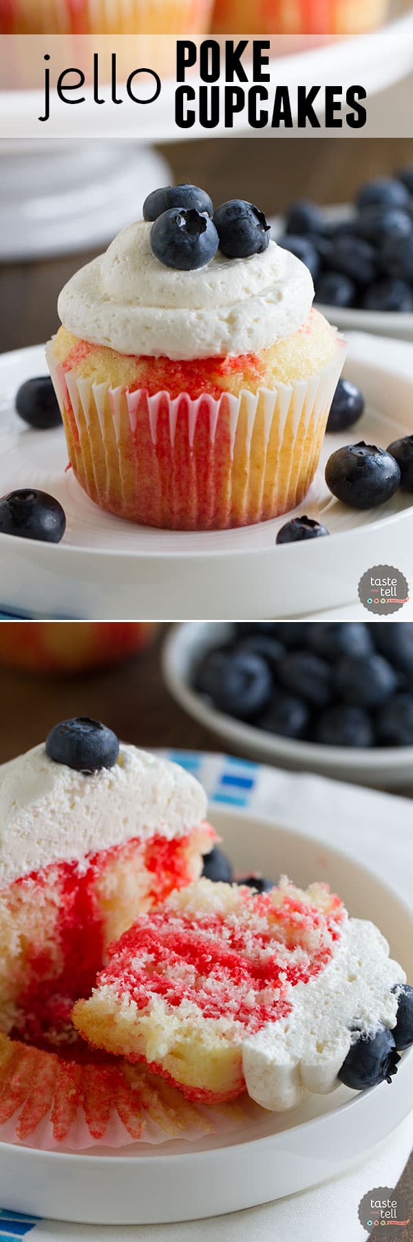 Cupcakes go patriotic with these Jello Poke Cupcakes that are streaked with red, then topped with white and blue. You can easily change the jello flavor and the topping for different holidays or flavors.