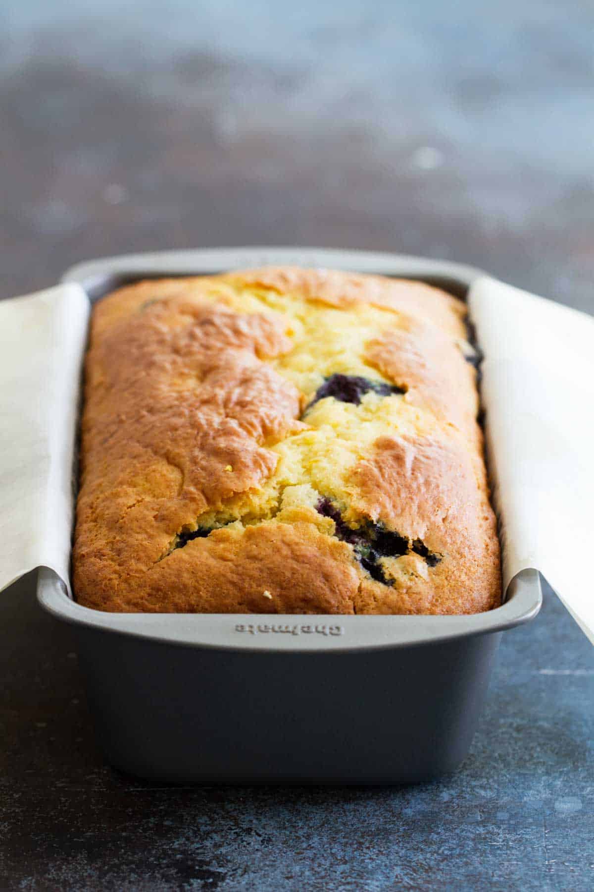 Orange Blueberry Bread in a bread pan.