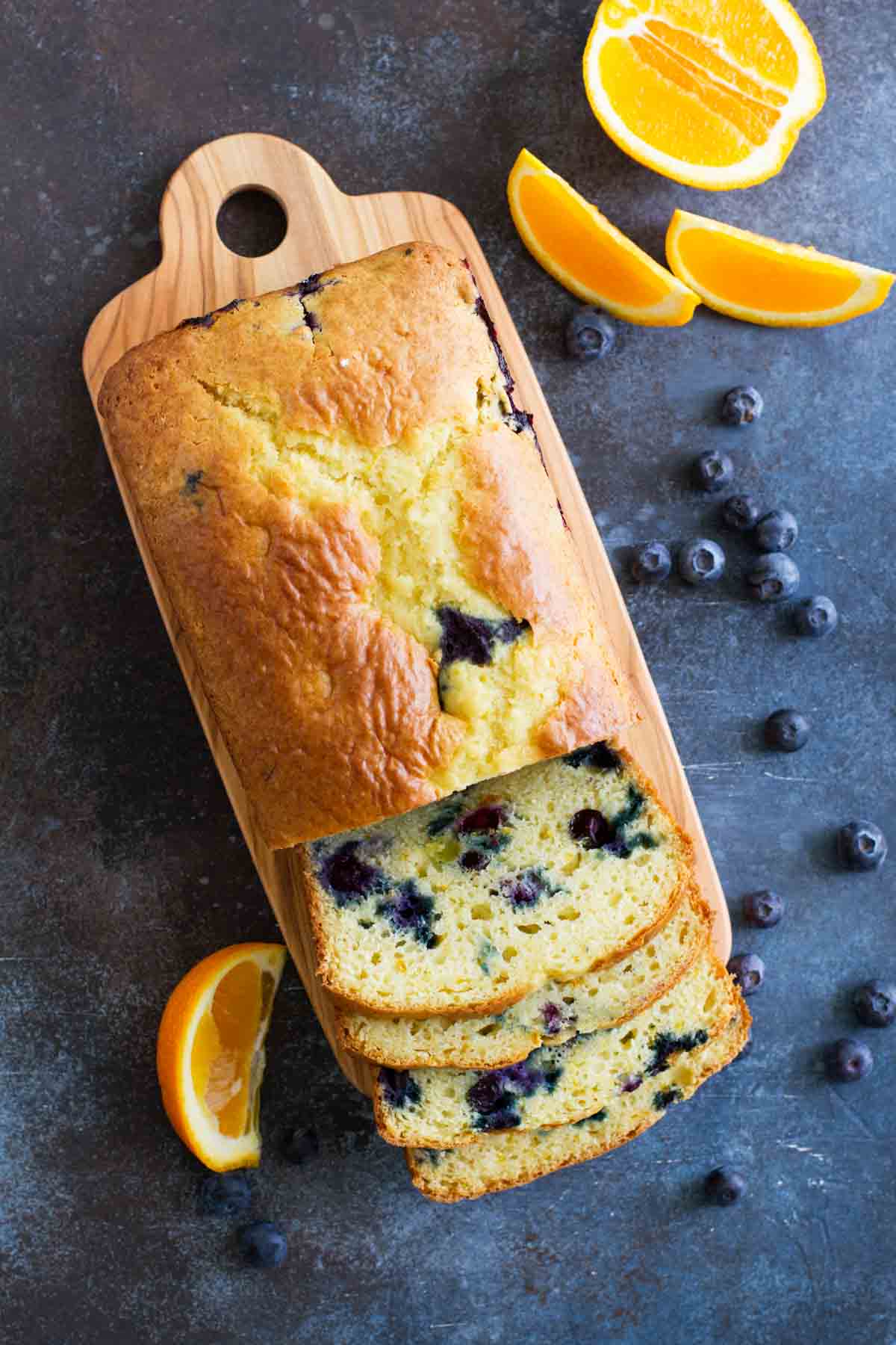 Orange Blueberry Bread with a few slices cut.