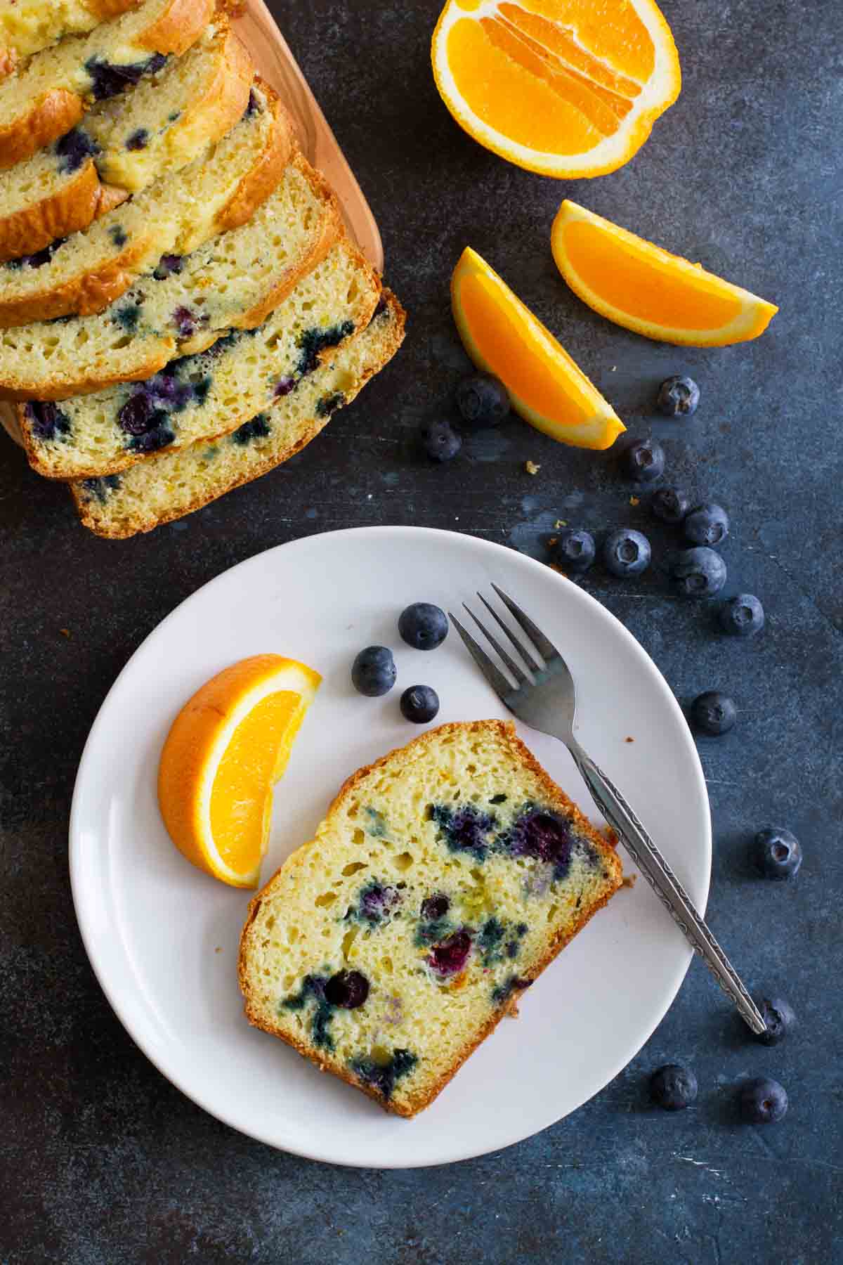 slices of Orange Blueberry Quick Bread on a plate.