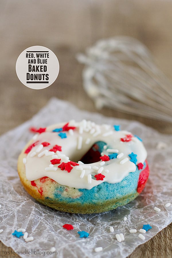 A delicious vanilla baked donut takes on red, white and blue for a patriotic breakfast treat. These Red, White and Blue Baked Donuts make a great holiday treat!