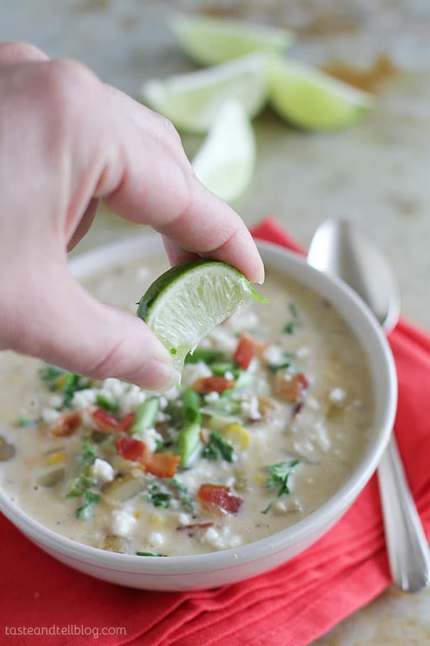 Fresh corn is scraped from the cob and added to this creamy Chipotle Corn Chowder recipe with an added kick of flavor from chipotle chiles.