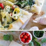 Artichoke, Tomato and Spinach Pizza with text bar