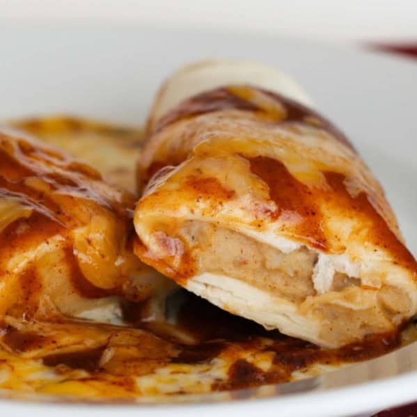 Chili Potato Burrito cut open to show filling.