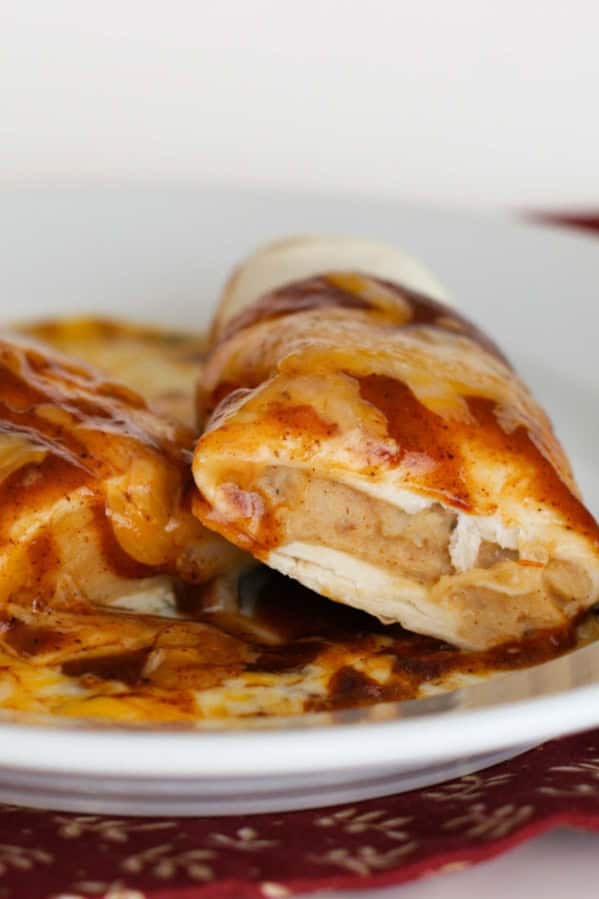Chili Potato Burrito cut open to show filling.