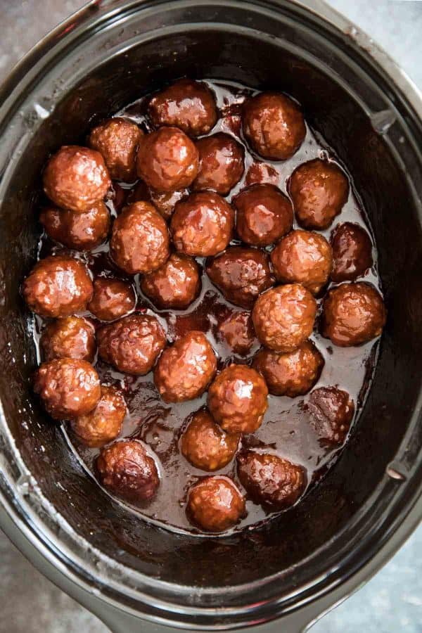 Grape Jelly Meatballs with BBQ Sauce in the Crockpot