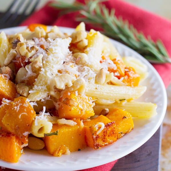 This vegetarian Roasted Butternut Squash Pasta with Brown Butter and Rosemary is made for fall! It is filled with roasted butternut squash, pasta and brown butter, and is a great cold night dinner idea!