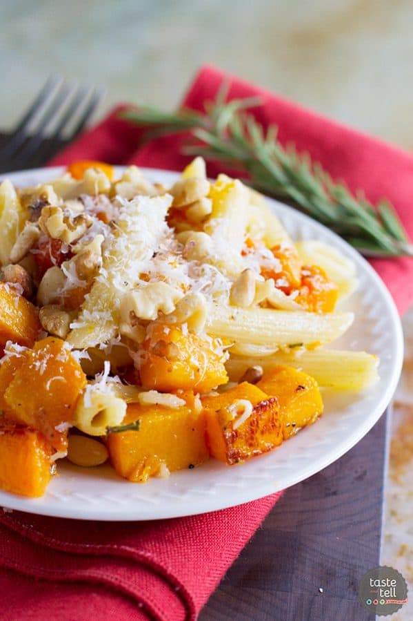 This vegetarian Roasted Butternut Squash Pasta with Brown Butter and Rosemary is made for fall! It is filled with roasted butternut squash, pasta and brown butter, and is a great cold night dinner idea!