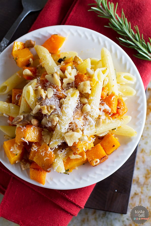 This vegetarian Roasted Butternut Squash Pasta with Brown Butter and Rosemary is made for fall! It is filled with roasted butternut squash, pasta and brown butter, and is a great cold night dinner idea!