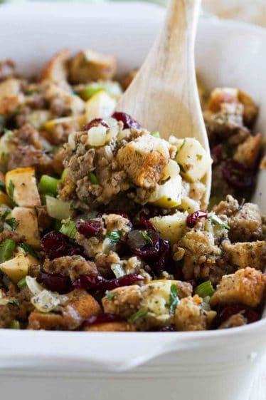 spoonful of Sausage Stuffing with Apples and Cranberries