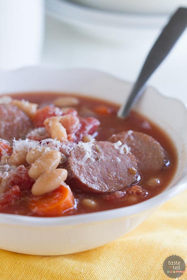 This White Bean Soup with Sausage is filled with vegetables, beans and smoked sausage, making an easy slow cooker soup that is so easy, filling, and comforting.