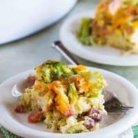 Serving of Ham and Cheese Strata with Broccoli on a small plate.