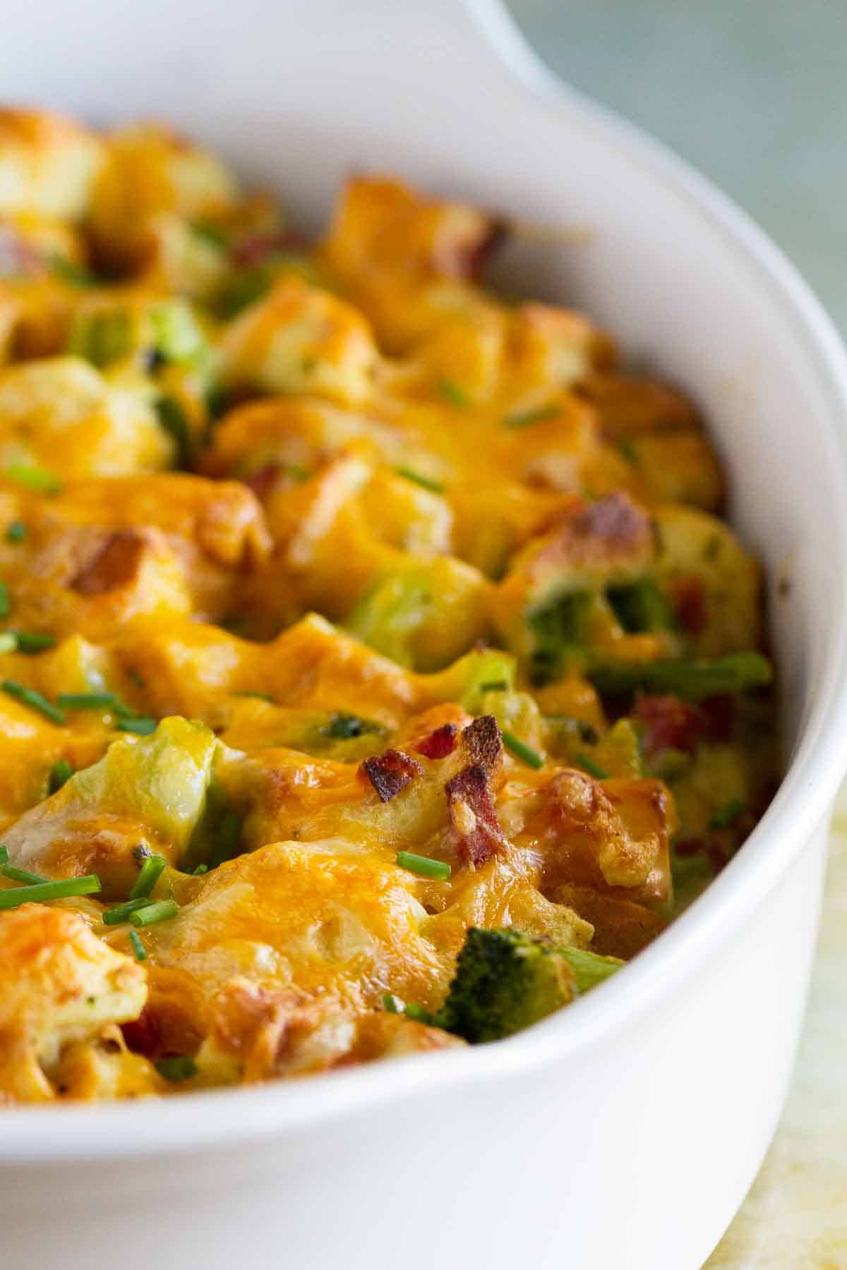 Casserole dish filled with Ham and Cheese Strata with Broccoli.