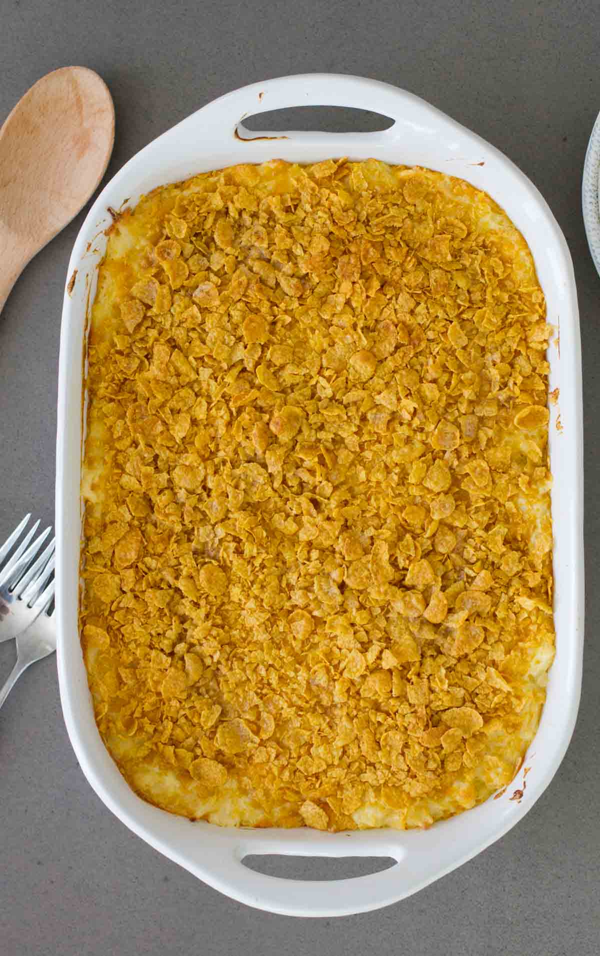 overhead view of Casserole dish of Funeral Potatoes