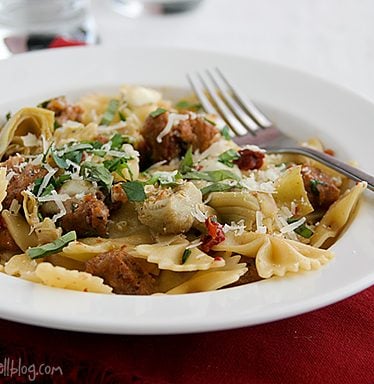 Pasta with Sausage, Artichokes and Sun-Dried Tomatoes | www.tasteandtellblog.com