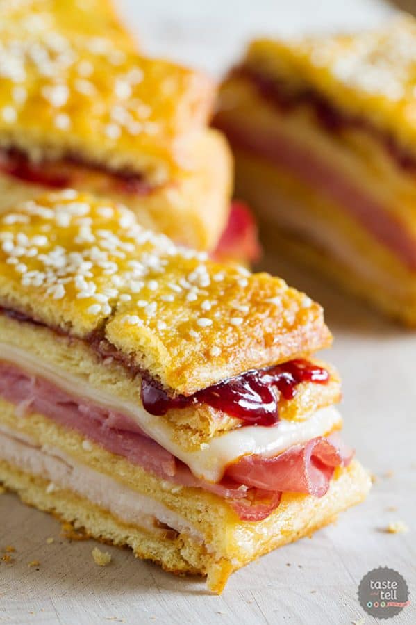 A favorite sandwich - the Monte Cristo - takes a different form in this sandwich loaf that has layers of crescent dough, turkey, ham, cheese, and raspberry jam. This Monte Cristo Sandwich Loaf is perfect for pot lucks or picnics.