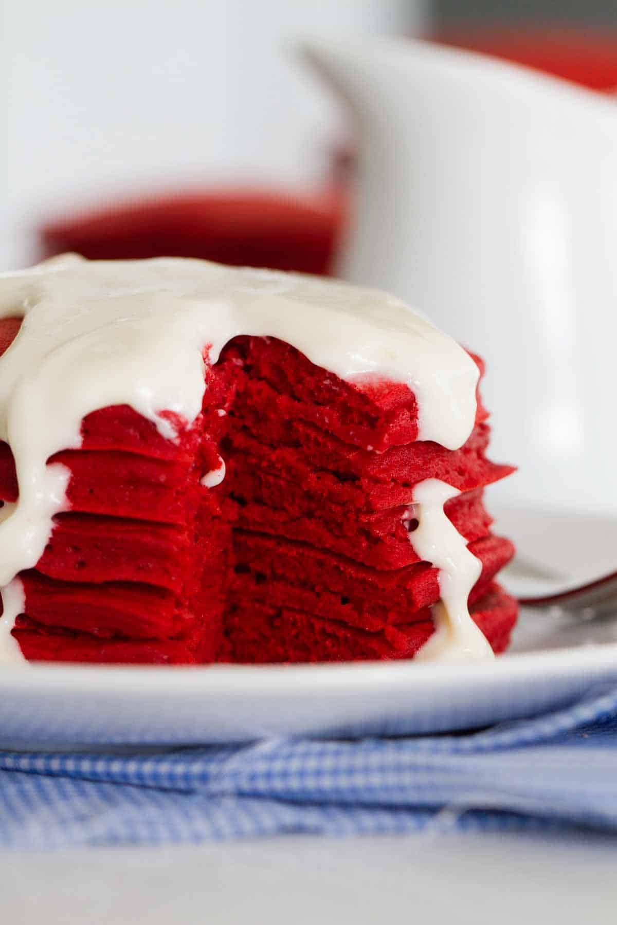 Inside view showing the fluffy texture of Red Velvet Pancakes.