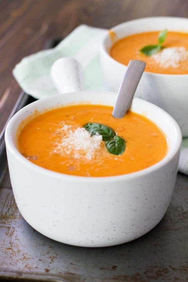 Slow Cooker Tomato Basil Soup in a bowl