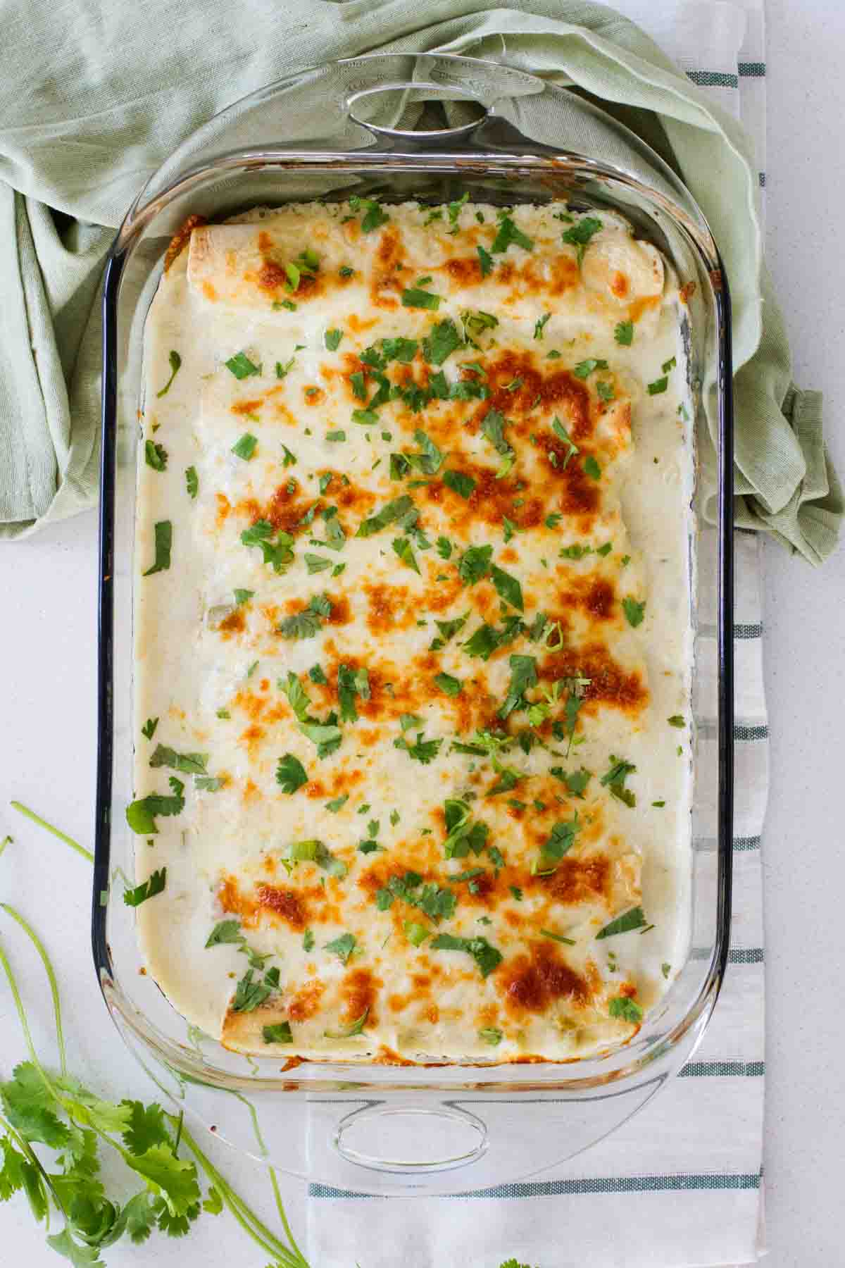 overhead view of chicken enchiladas with white sauce in a casserole dish