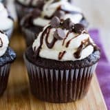 These award-winning Chocolate Amaretto Cupcakes are chocolate cupcakes topped with a light almond cooked frosting and chopped chocolate.