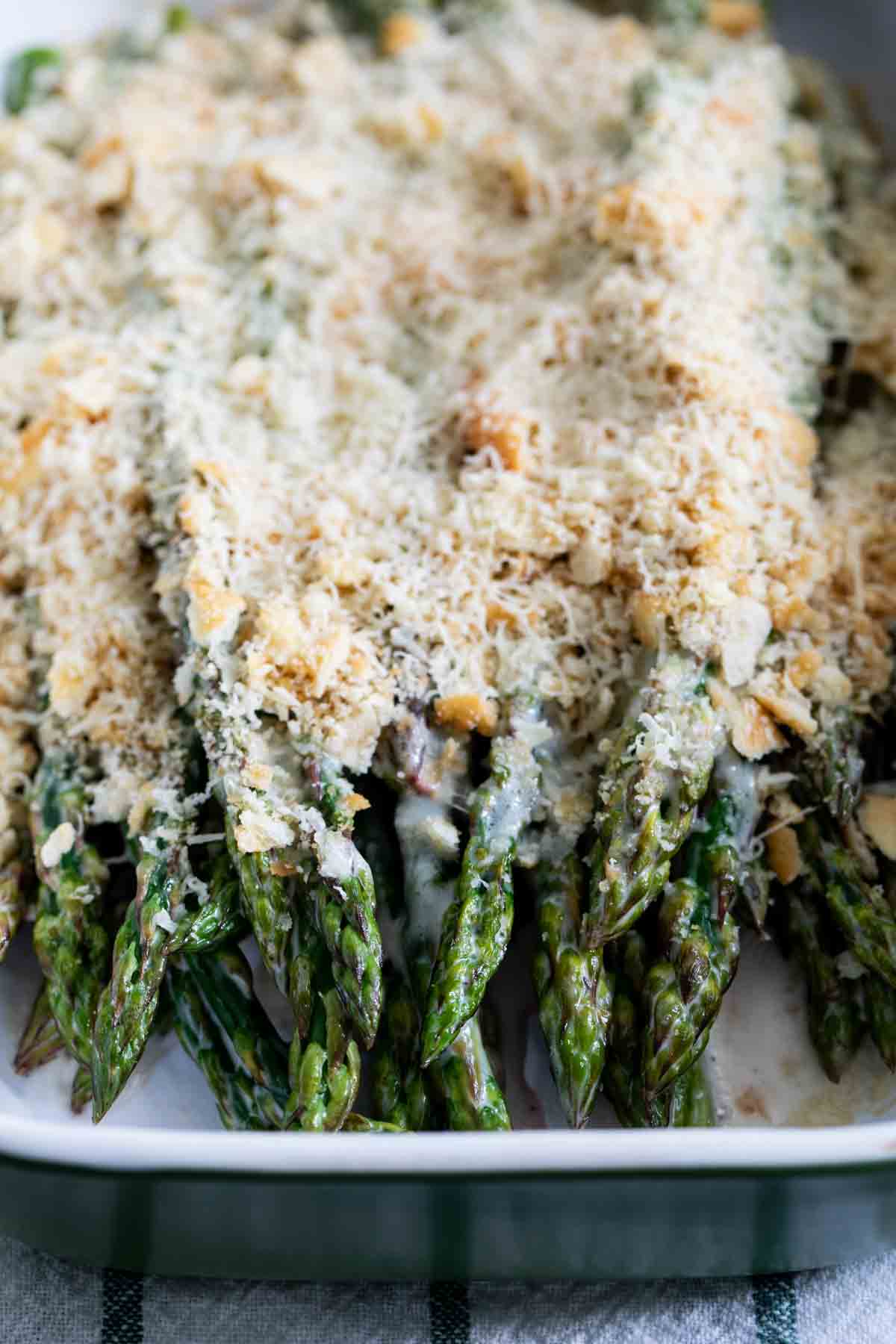 dish with creamy ranch baked asparagus