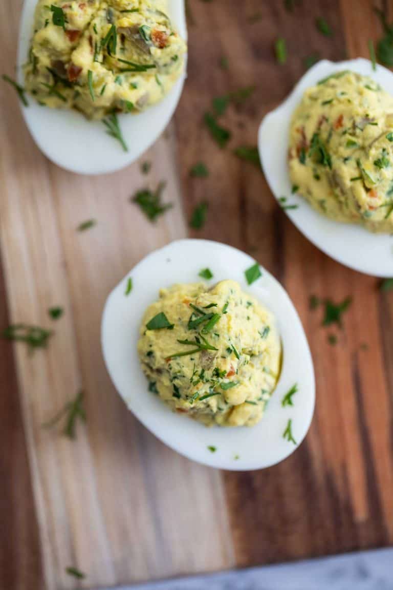 Green Olive Deviled Eggs with Fresh Herbs Taste and Tell