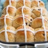 Pan of Hot Cross Buns with icing