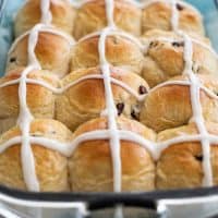 Pan of Hot Cross Buns with icing