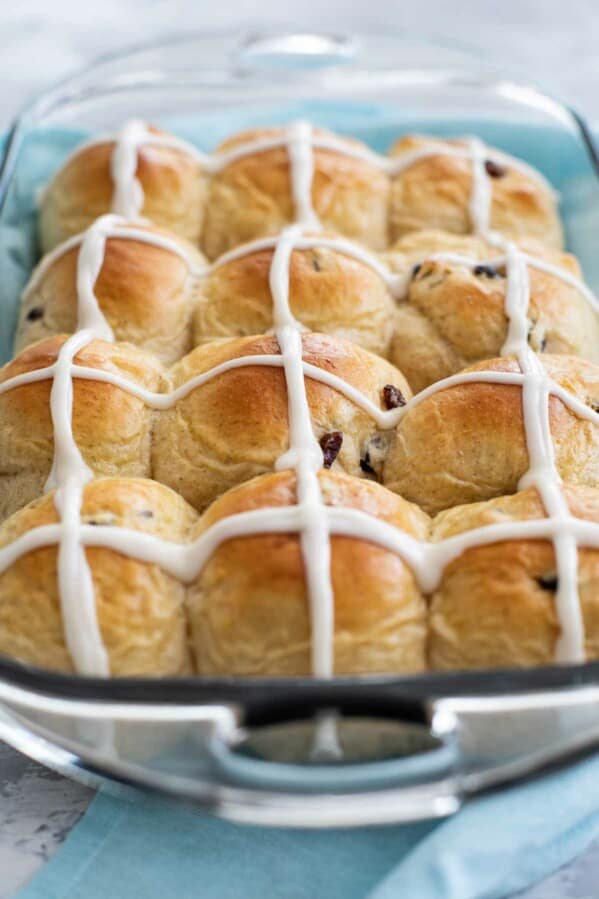 Pan of Hot Cross Buns with icing