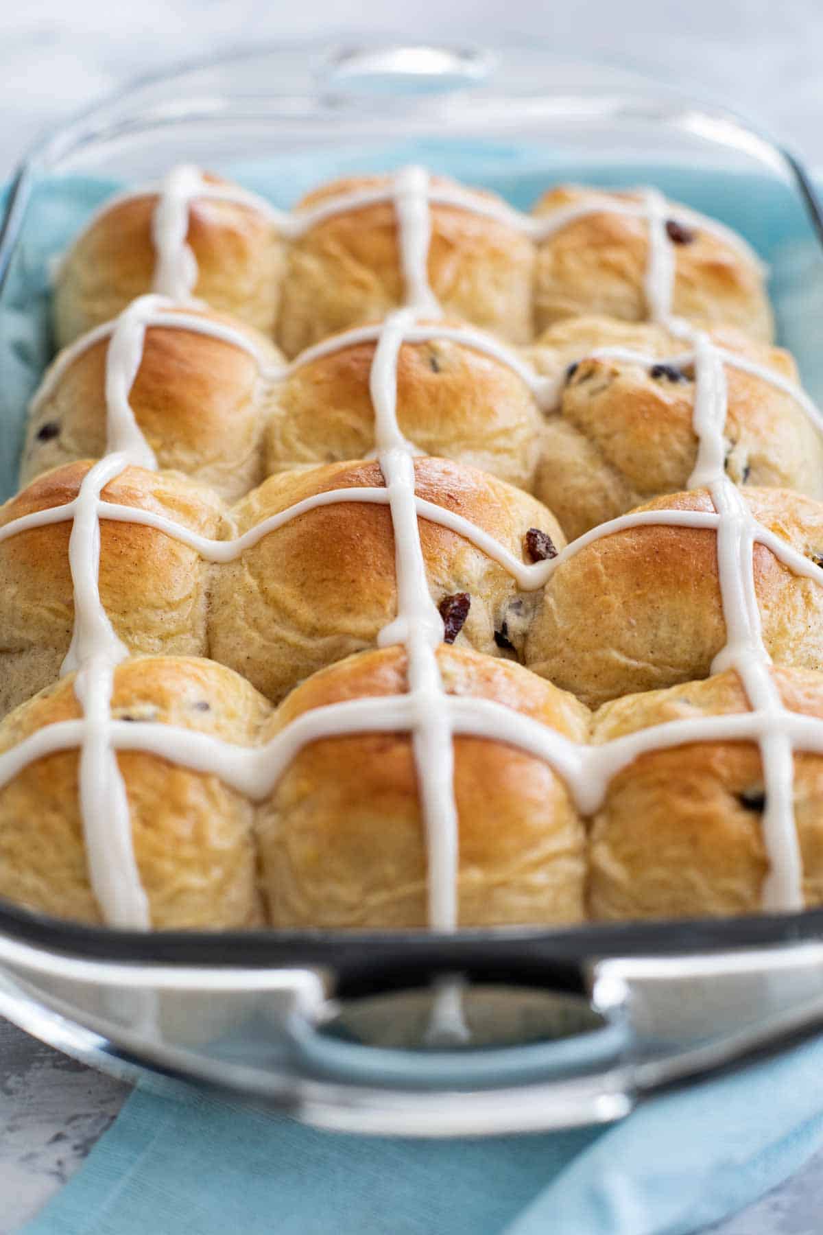 Pan of Hot Cross Buns with icing