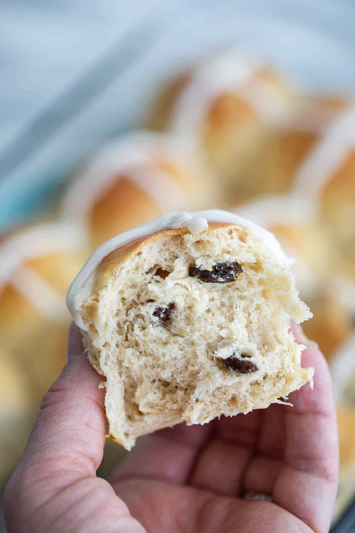 showing texture of hot cross buns with raisins