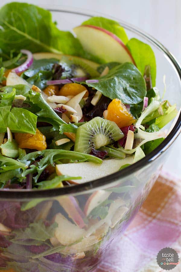 This sweet and savory summer salad is a family favorite - filled with lettuce, fruit, and a sweet and sour dressing.  Steph's Summer Salad is sure to become your favorite, too!