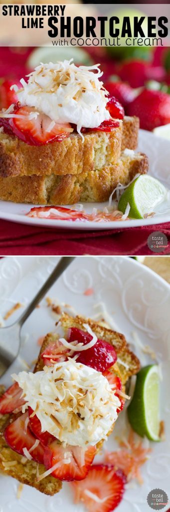 Strawberry Lime Shortcakes with Coconut Cream - Slices of perfect sour cream pound cake are topped with strawberries soaked in a lime syrup and a light coconut cream in this perfect summertime dessert.