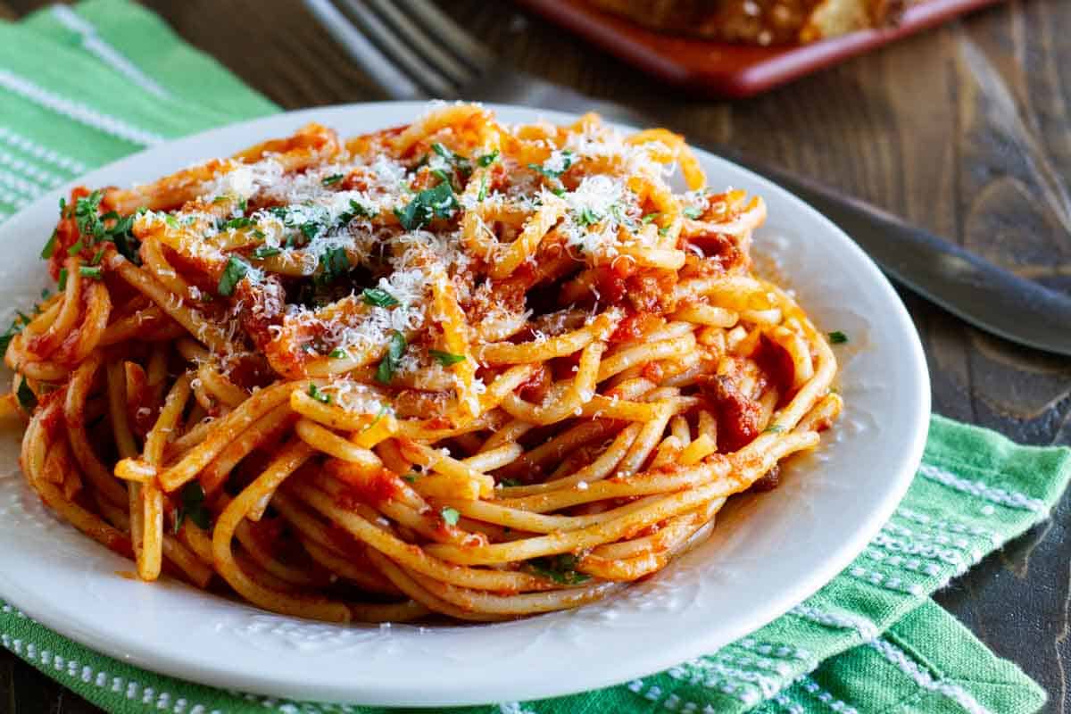 Easy Spaghetti Meat Sauce with pasta on a plate.