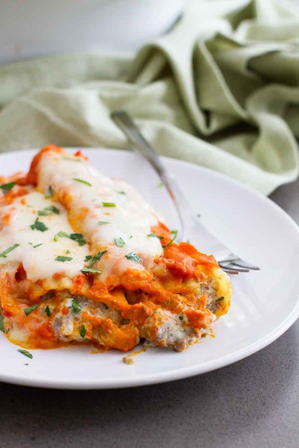 Ground Beef Stuffed Manicotti on a plate