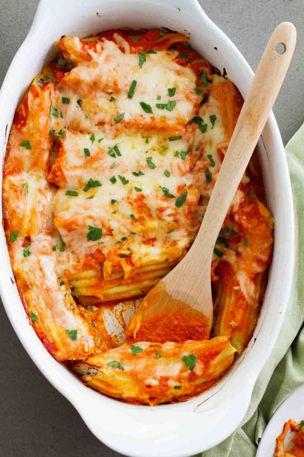 Dish of Ground Beef Stuffed Manicotti