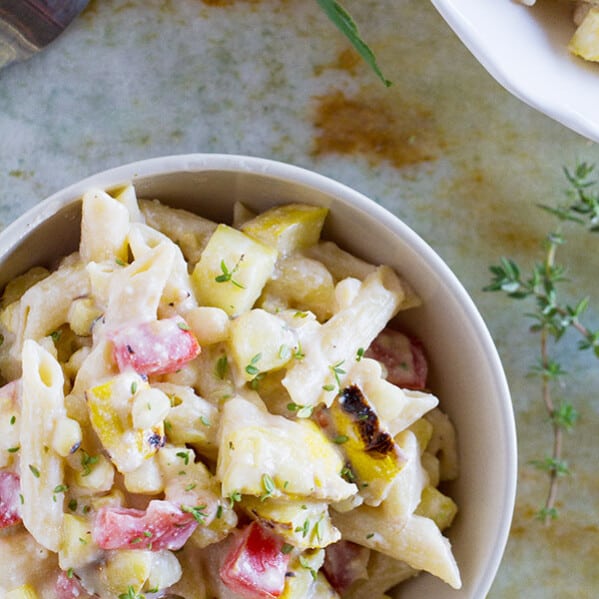 Penne with Grilled Summer Squash and Corn - Summer squash and sweet corn are the stars in this fresh and seasonal vegetarian dinner.