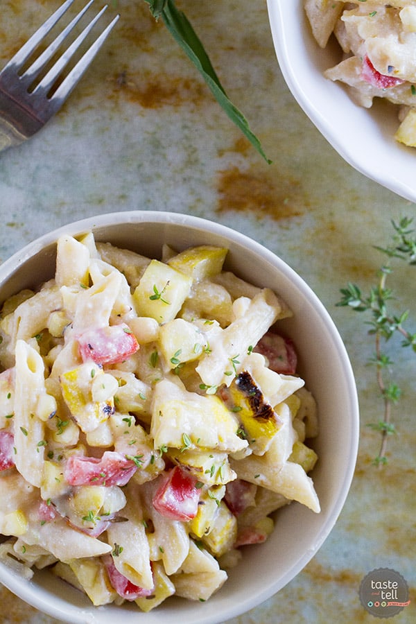 Penne with Grilled Summer Squash and Corn - Summer squash and sweet corn are the stars in this fresh and seasonal vegetarian dinner.