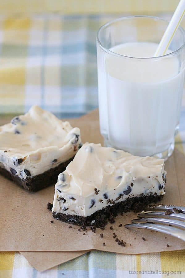 These easy, no bake Chocolate Chip Peanut Butter Cheesecake Bars are a perfect sweet treat that won't heat up the kitchen.