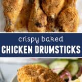 Crispy Baked Chicken Drumsticks collage with text bar in the middle