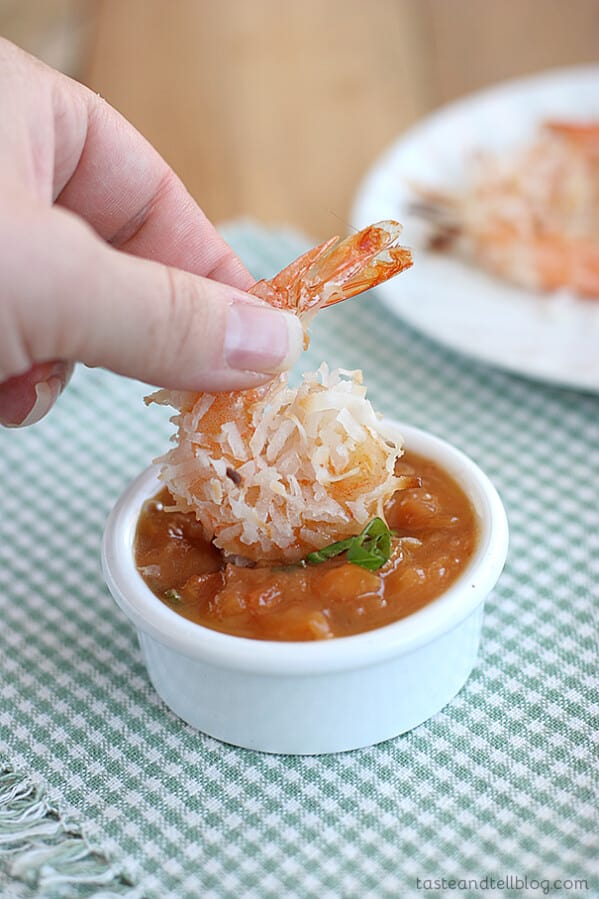 Baked Coconut Shrimp with Basil-Peach Sauce | www.tasteandtellblog.com