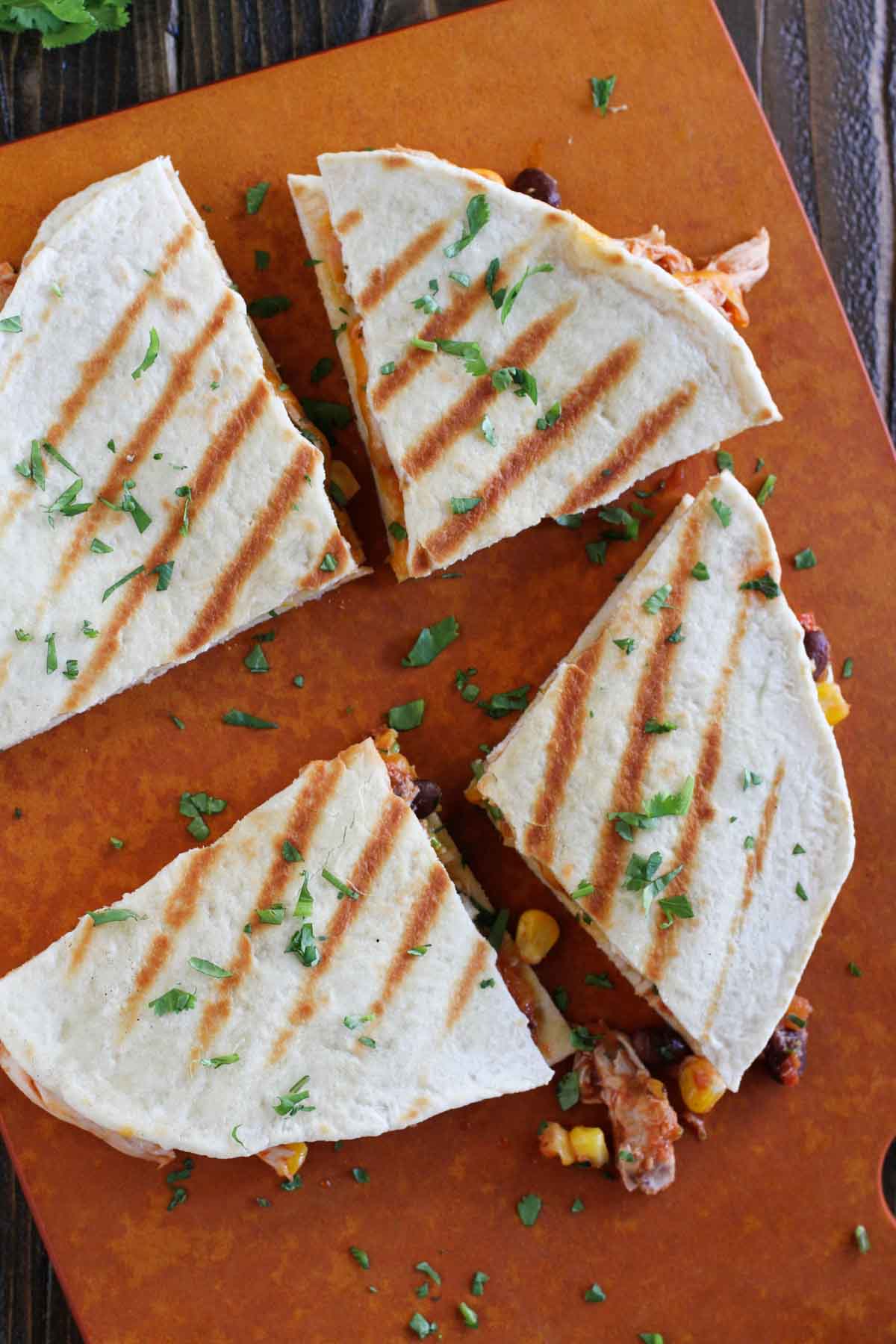 Grilled Chicken Quesadillas cut into quarters