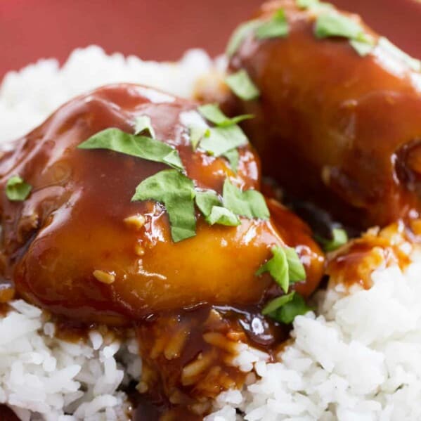 Slow Cooker Honey Garlic Chicken over rice.