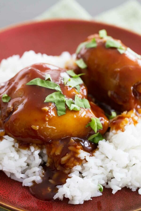 Slow Cooker Honey Garlic Chicken over rice.