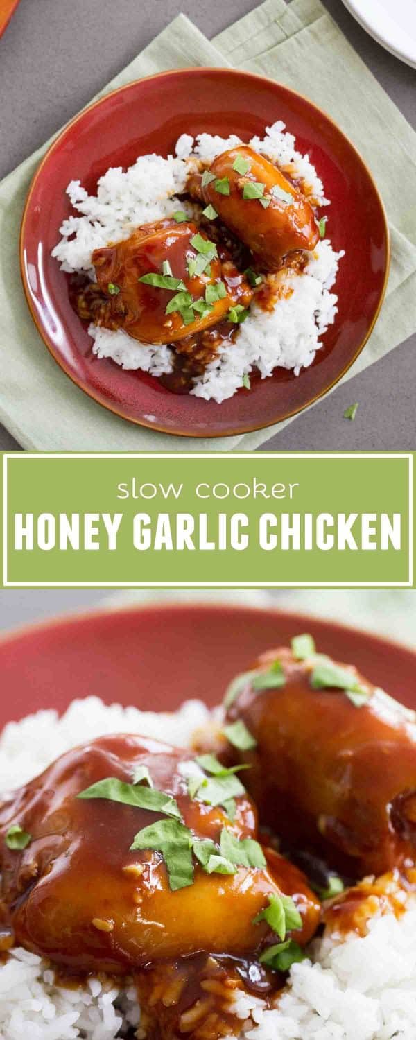 Slow Cooker Honey Garlic Chicken - chicken thighs are slow cooked in an easy honey garlic sauce, then served over rice. This proves that dinner doesn’t have to be complicated to be good!