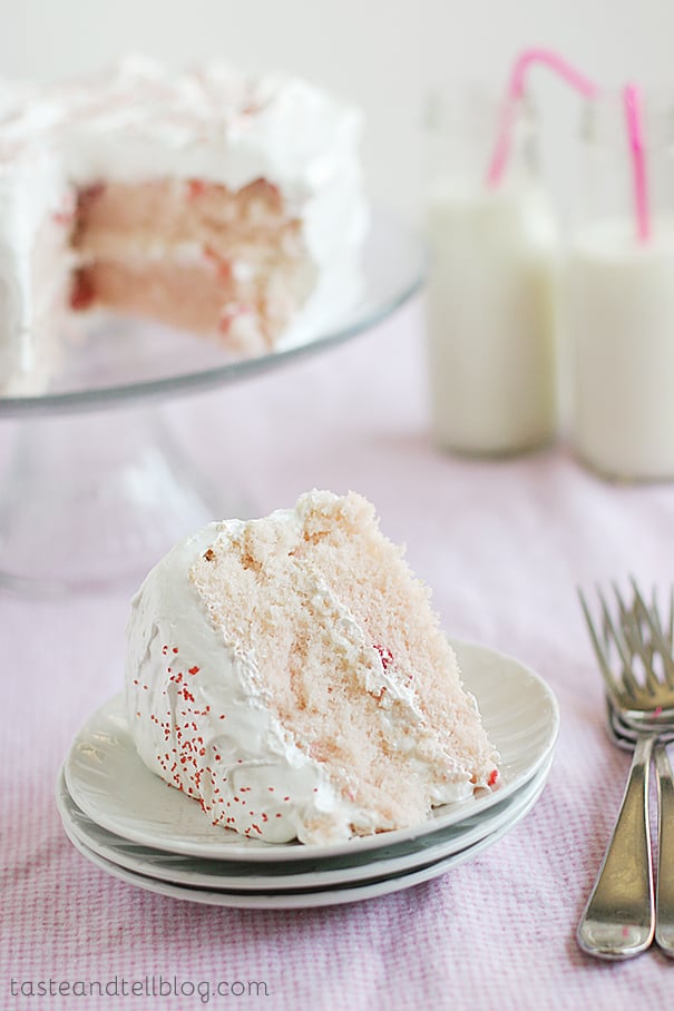 Cherry Chip Cake with Fluffy Frosting | www.tasteandtellblog.com