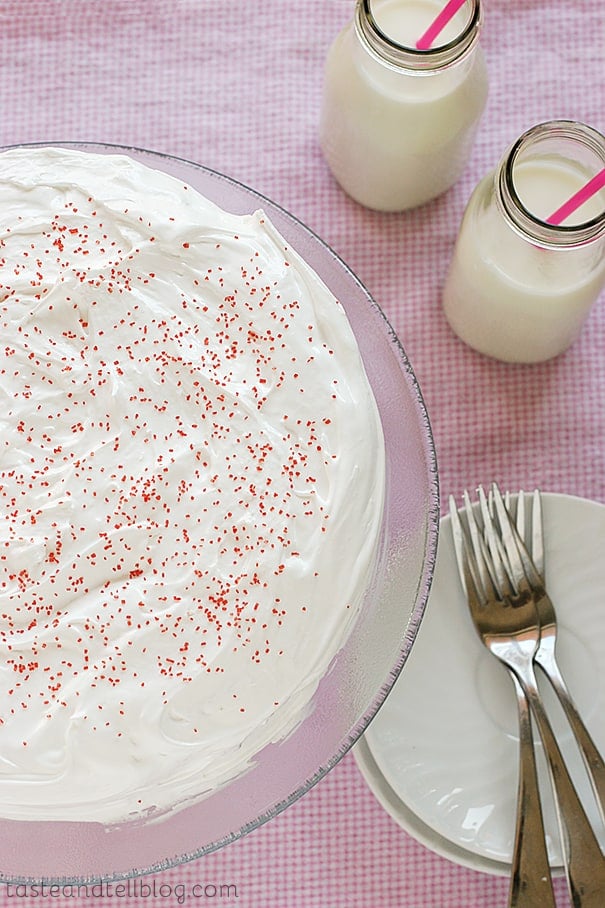 Cherry Chip Cake with Fluffy Frosting | www.tasteandtellblog.com