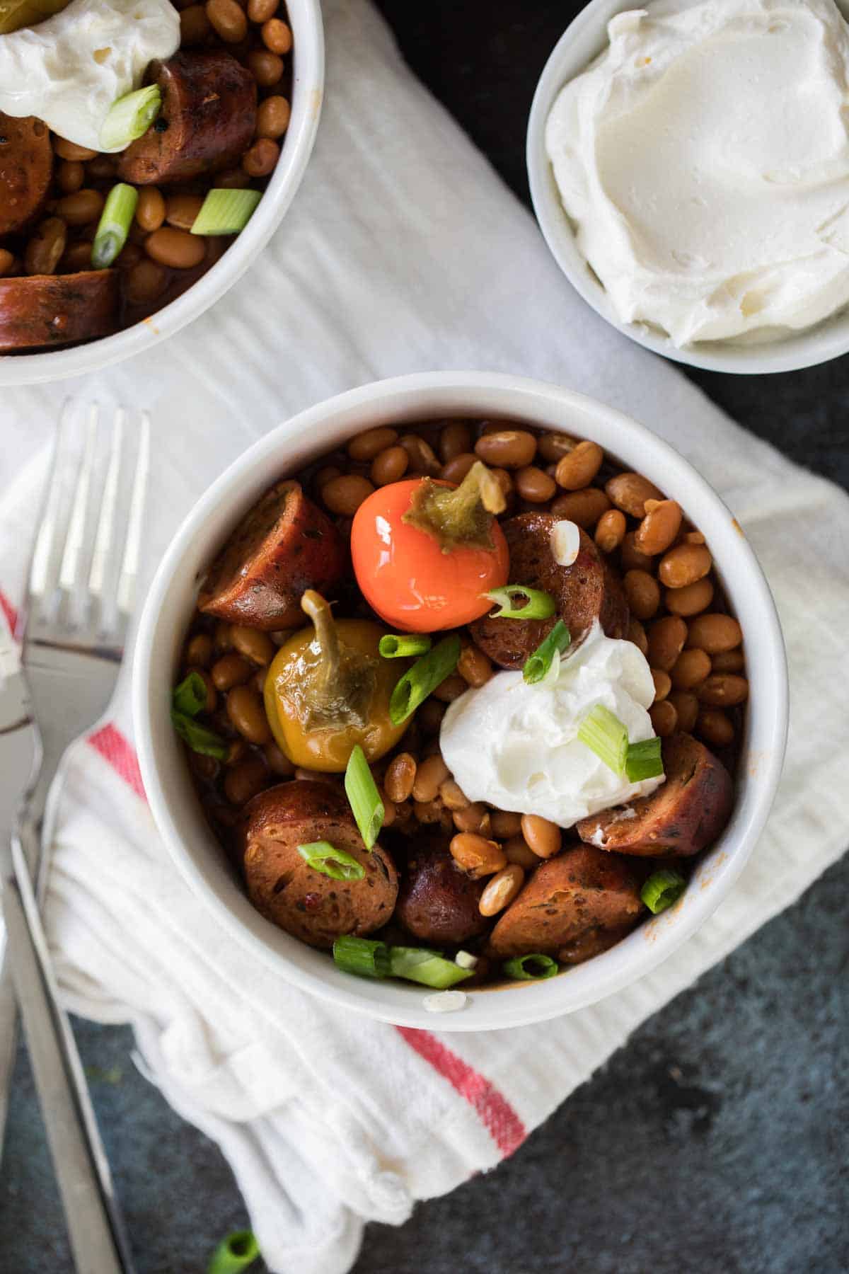 Beans and sausage made in the slow cooker.