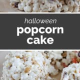 Halloween Popcorn Cake collage with text bar in the middle.
